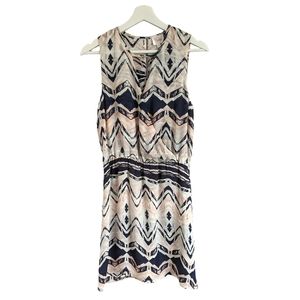 PARKER Silk Faux Wrap Aztec Tribal print Blue White Pink Dress size Small S